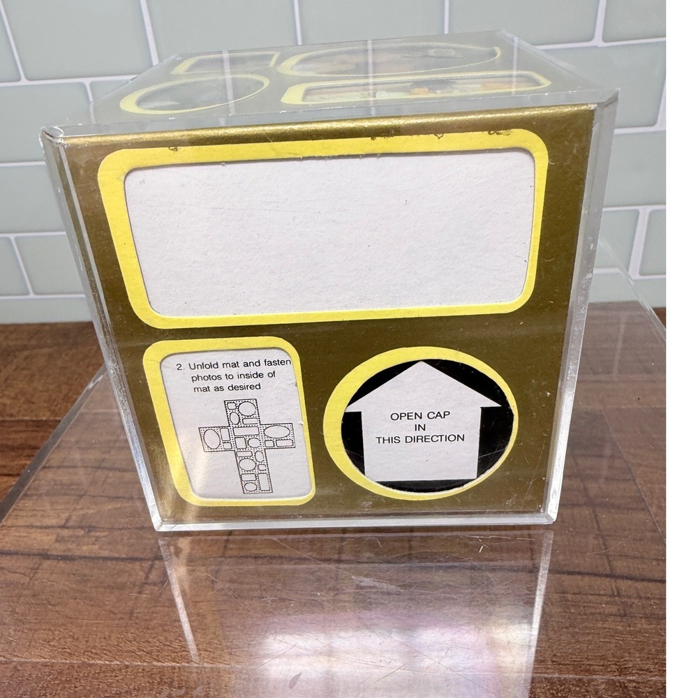 VTG Acrylic Photo Cube Frame Gold Mat Multi Picture Display Aesthetic Retro 70s